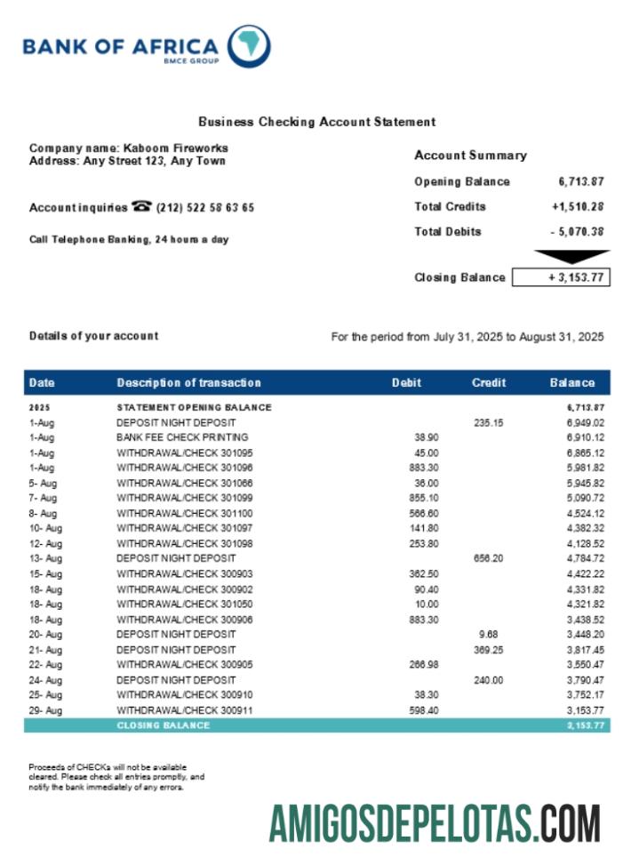 Extrato bancário comercial do Bank Of Africa em formato Word e PDF (1) exemplo